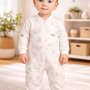 Unisex Hayvan Figürlü Fermuarlı Uzun Kollu Bebek Tulum Krem Renk, Erkek Bebek Giyim