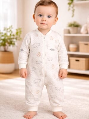 Unisex Hayvan Figürlü Fermuarlı Uzun Kollu Bebek Tulum Krem Renk, Erkek Bebek Giyim
