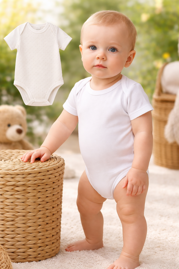 Unisex Jakar Desenli 2'li Yarım Kol Bebek Body Beyaz Ekru Konforlu ve Dayanıklı