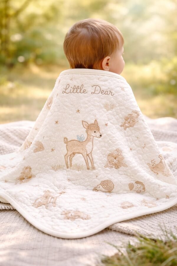 Bebek battaniyesi mint yeşil renkli ve yavru ceylan baskılı, yumuşak ve hafif bebek uyku battaniyesi - Gorsel 4