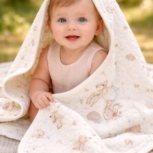 Bebek battaniyesi mint yeşil renkli ve yavru ceylan baskılı, yumuşak ve hafif bebek uyku battaniyesi