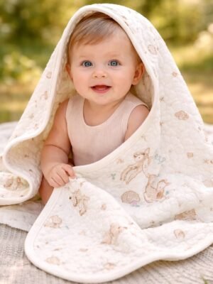 Bebek battaniyesi mint yeşil renkli ve yavru ceylan baskılı, yumuşak ve hafif bebek uyku battaniyesi