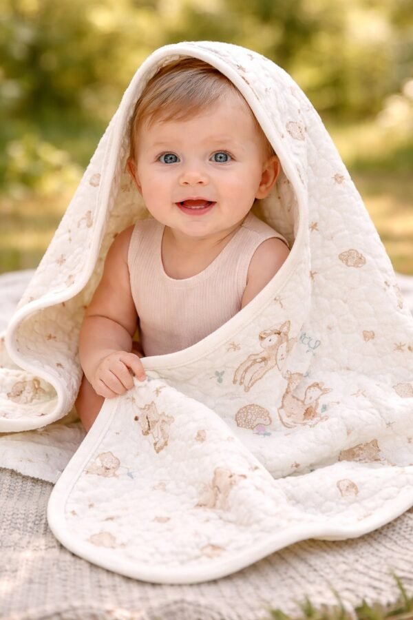 Bebek battaniyesi mint yeşil renkli ve yavru ceylan baskılı, yumuşak ve hafif bebek uyku battaniyesi