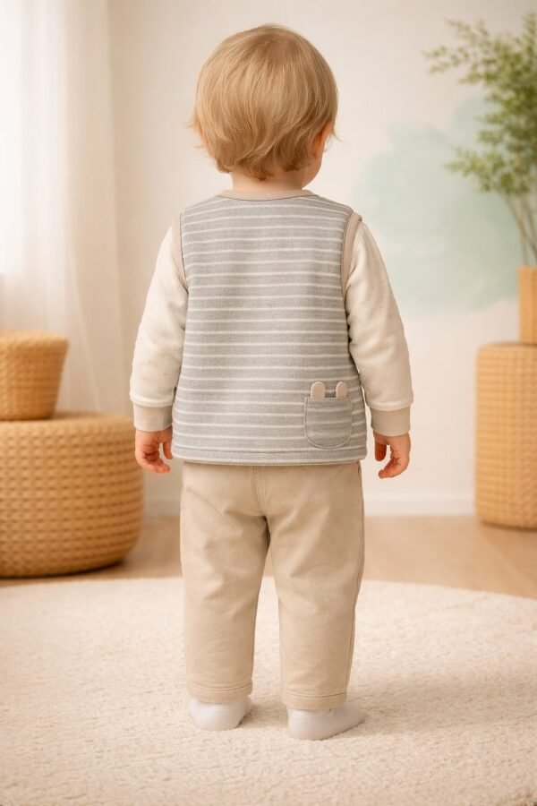 Unisex gri çizgili ve cepli bebek yeleği, rahat ve şık tasarım - Gorsel 4