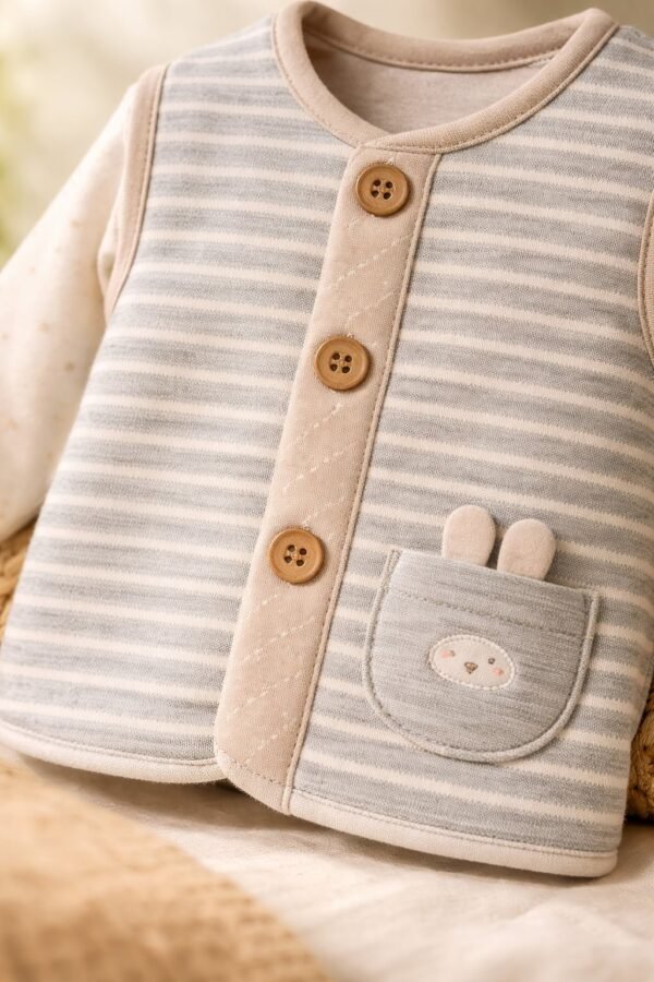 Unisex gri çizgili ve cepli bebek yeleği, rahat ve şık tasarım - Gorsel 3