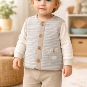 Unisex gri çizgili ve cepli bebek yeleği, rahat ve şık tasarım