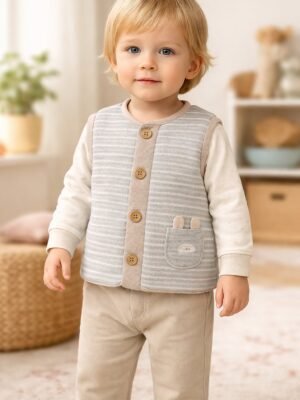 Unisex gri çizgili ve cepli bebek yeleği, rahat ve şık tasarım