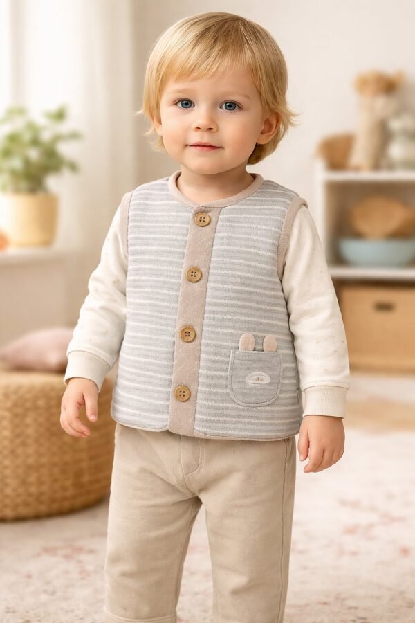 Unisex gri çizgili ve cepli bebek yeleği, rahat ve şık tasarım