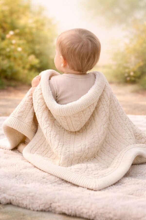 Krem renkli unisex örgü bebek battaniyesi iç kısmı welsoft konforlu ve yumuşak - Gorsel 4