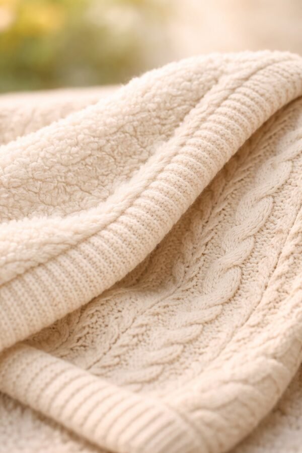 Krem renkli unisex örgü bebek battaniyesi iç kısmı welsoft konforlu ve yumuşak - Gorsel 3