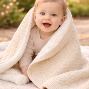 Krem renkli unisex bebek battaniyesi örgü detaylı ve welsoft iç kısım