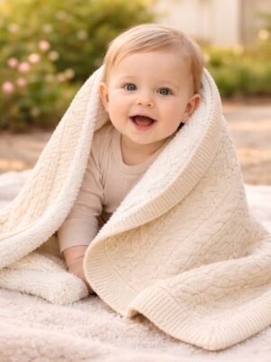 Krem renkli unisex örgü bebek battaniyesi iç kısmı welsoft konforlu ve yumuşak