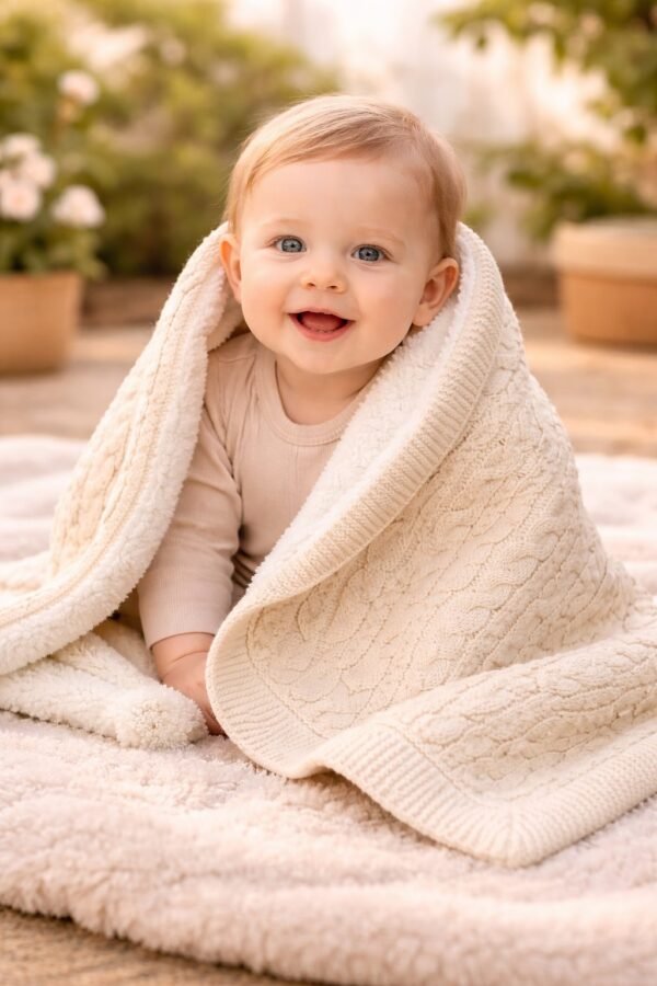 Krem renkli unisex örgü bebek battaniyesi iç kısmı welsoft konforlu ve yumuşak - Gorsel 2