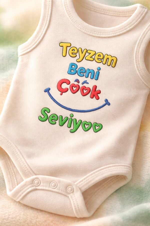 Unisex Teyzem Beni Çok Seviyor Yazılı Sıfır Kollu Bebek Body, Krem, rahat ve hareketli - Gorsel 3