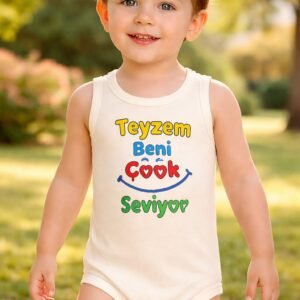 Unisex Teyzem Beni Çok Seviyor Yazılı Sıfır Kollu Bebek Body, Krem, rahat ve hareketli