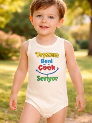 Unisex Teyzem Beni Çok Seviyor Yazılı Sıfır Kollu Bebek Body, Krem, rahat ve hareketli