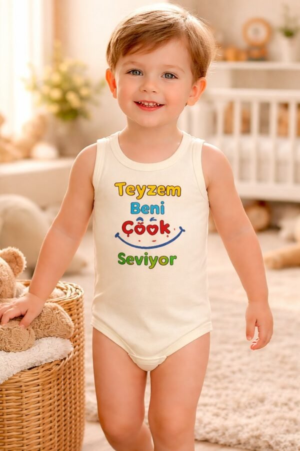 Unisex Teyzem Beni Çok Seviyor Yazılı Sıfır Kollu Bebek Body, Krem, rahat ve hareketli - Gorsel 2
