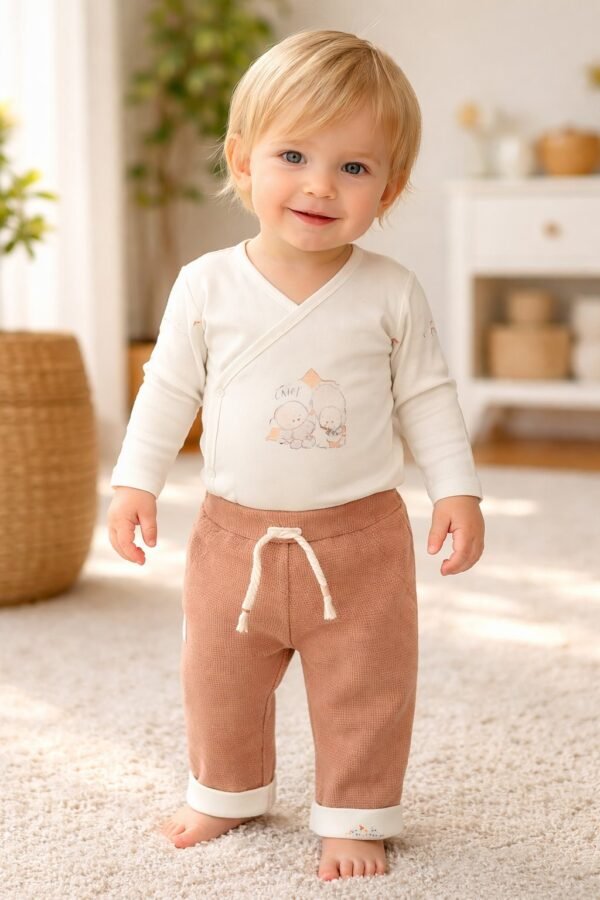 Bebek Erkek Pantolon Gül Kurusu Lastikli Bağcık Detaylı Uzun Paçalı - Gorsel 2