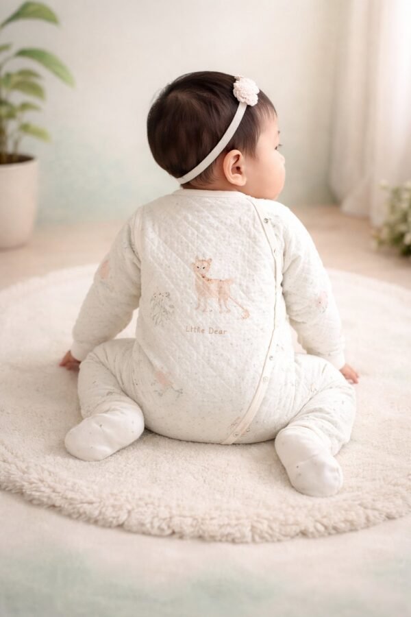 Unisex Yandan Çıtçıtlı Little Dear Yazılı Yavru Geyik Baskılı Uzun Kollu Organik Pamuklu Ayaklı Tulum - Gorsel 4