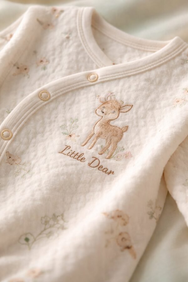 Unisex Yandan Çıtçıtlı Little Dear Yazılı Yavru Geyik Baskılı Uzun Kollu Organik Pamuklu Ayaklı Tulum - Gorsel 3