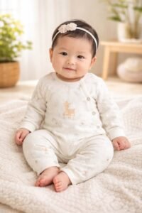 Unisex Yandan Çıtçıtlı Little Dear Yazılı Yavru Geyik Baskılı Uzun Kollu Organik Pamuklu Ayaklı Tulum