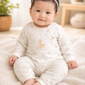 Unisex Yandan Çıtçıtlı Little Dear Yazılı Yavru Geyik Baskılı Uzun Kollu Organik Pamuklu Ayaklı Tulum