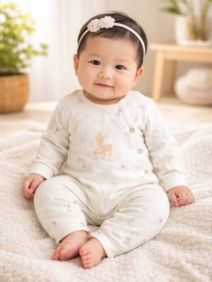 Unisex Yandan Çıtçıtlı Little Dear Yazılı Yavru Geyik Baskılı Uzun Kollu Organik Pamuklu Ayaklı Tulum