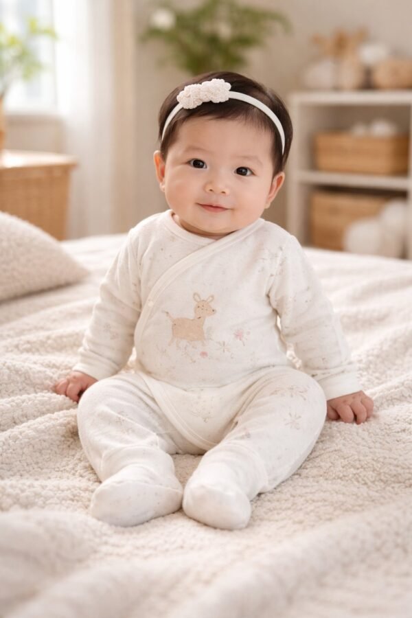 Unisex Yandan Çıtçıtlı Little Dear Yazılı Yavru Geyik Baskılı Uzun Kollu Organik Pamuklu Ayaklı Tulum - Gorsel 2