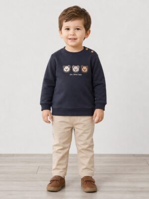 Erkek çocuk ayıcık figürlü lacivert uzun kollu sweatshirt önden görünüm tek çocuk mankenli