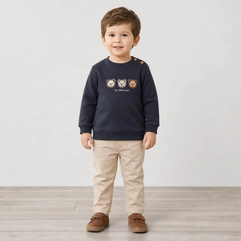 Erkek Çocuk Ayıcık Figürlü Lacivert Uzun Kollu Sweatshirt