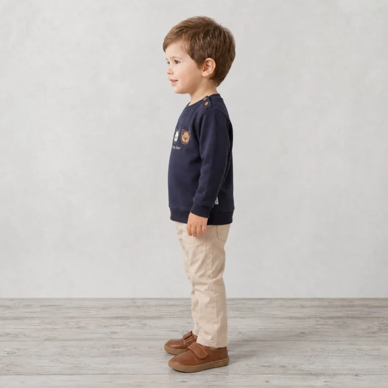 Erkek çocuk ayıcık figürlü lacivert uzun kollu sweatshirt yandan görünüm tek çocuk mankenli