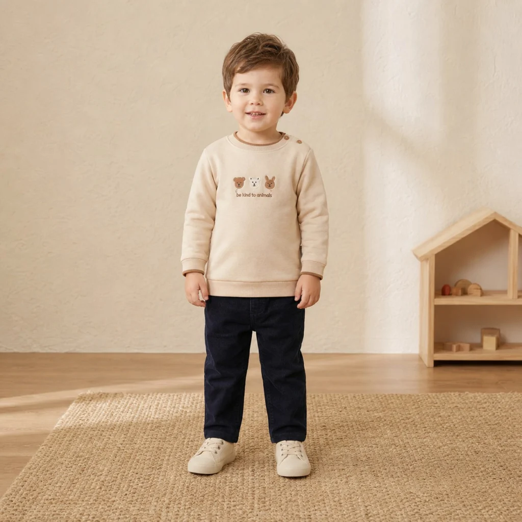 Erkek çocuk üç hayvan figürlü bej uzun kollu sweatshirt önden görünüm tek çocuk mankenli
