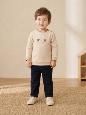 Erkek Çocuk Üç Hayvan Figürlü Bej Uzun Kollu Sweatshirt