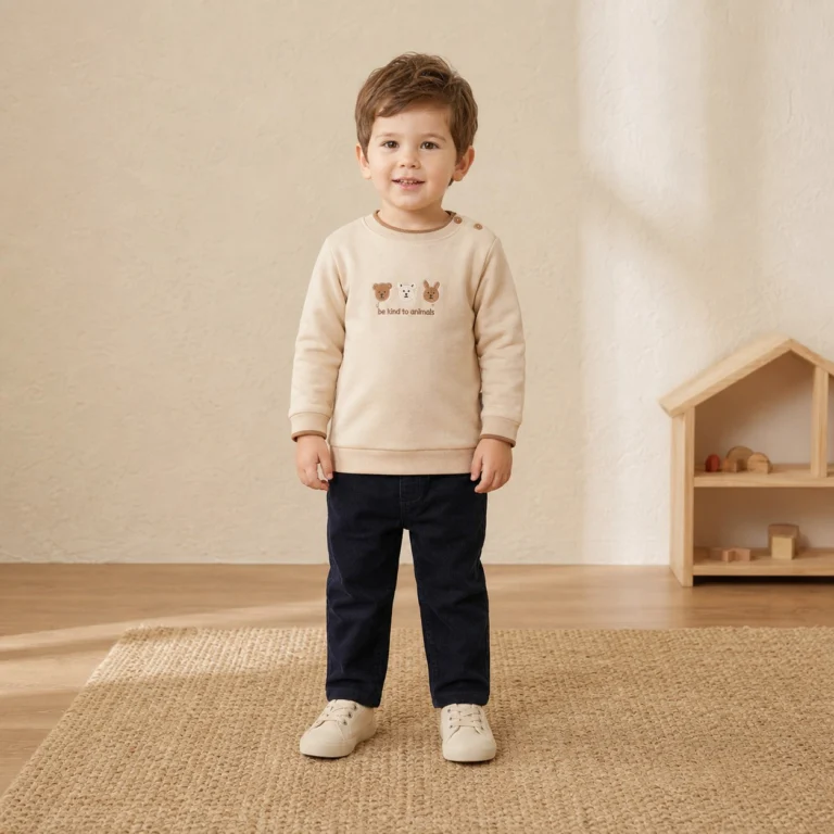 Erkek Çocuk Üç Hayvan Figürlü Bej Uzun Kollu Sweatshirt