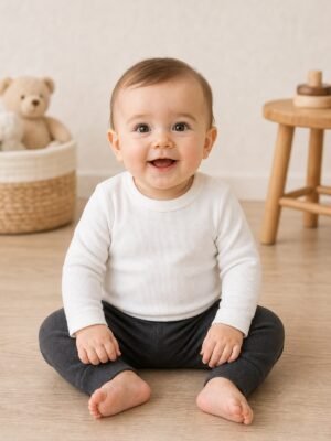 Unisex beyaz uzun kollu pamuklu bady 3-9 ay önden görünüm tek bebek mankenli