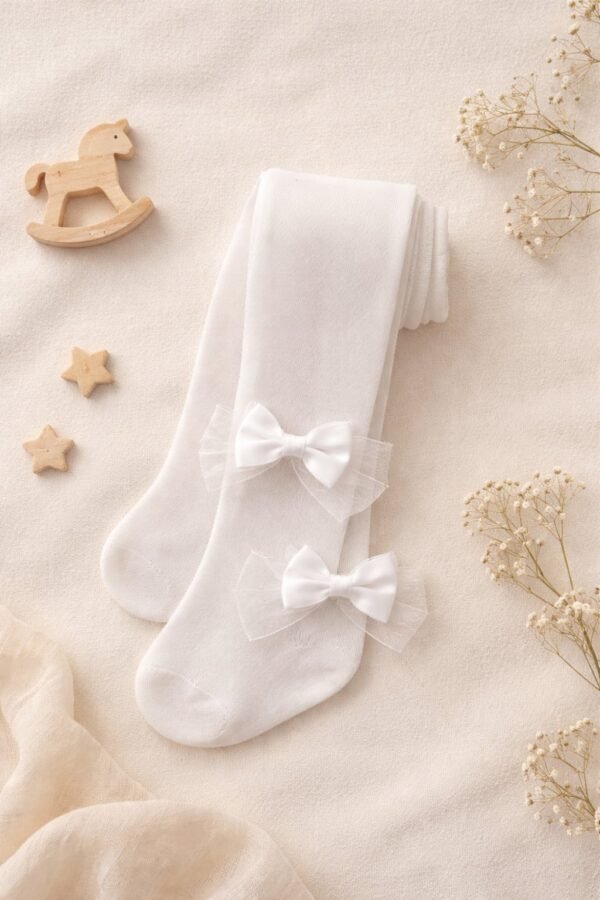 Kız Çocuk Fiyonklu İnce Külotlu Çorap, Beyaz, Nefes Alabilir ve Rahat - Gorsel 3