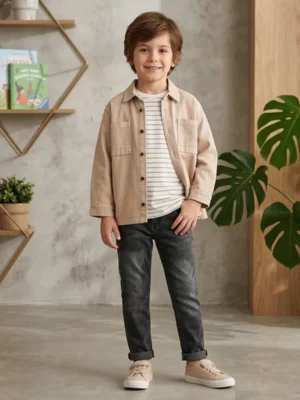 Erkek Çocuk Gömlekli -çizgili Tişörtlü -siyah Renk Kot Pantolonlu 3lü Takım - Almira Bebek