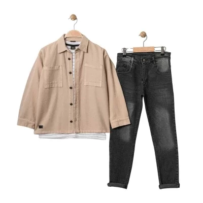 Erkek Çocuk Gömlekli -çizgili Tişörtlü -siyah Renk Kot Pantolonlu 3lü Takım - 4. görsel