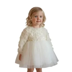 Kız Çocuk Uzun Kollu - Tüllü -krem Renk Elbise