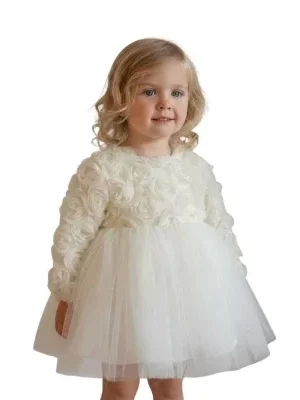 Kız Çocuk Uzun Kollu - Tüllü -krem Renk Elbise - Almira Bebek