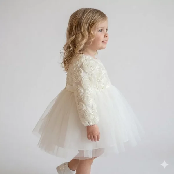 Kız Çocuk Uzun Kollu - Tüllü -krem Renk Elbise - 2. görsel