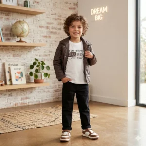 Erkek Çocuk Dreaming Baskılı-tişörtlü-kapitone Montlu- Kot Pantolonlu 3lü Takım