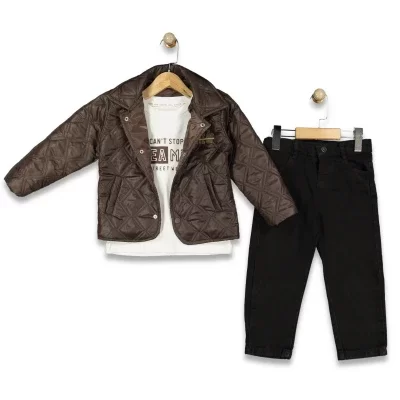 Erkek Çocuk Dreaming Baskılı-tişörtlü-kapitone Montlu- Kot Pantolonlu 3lü Takım - 4. görsel