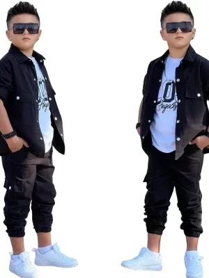 Erkek Çocuk Losangeles Yazılı-uzun Kollu Sweat-çıtçıtlı Gabardin Gömlek-pantolon 3lü Takım - Almira Bebek