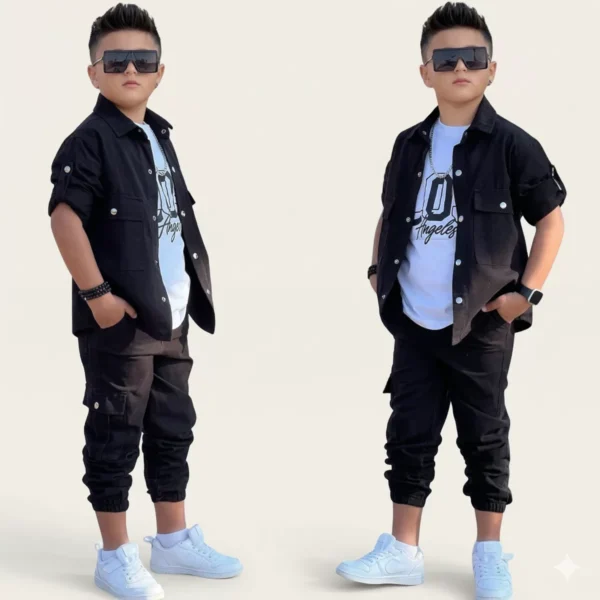 Erkek Çocuk Losangeles Yazılı-uzun Kollu Sweat-çıtçıtlı Gabardin Gömlek-pantolon 3lü Takım - 2. görsel