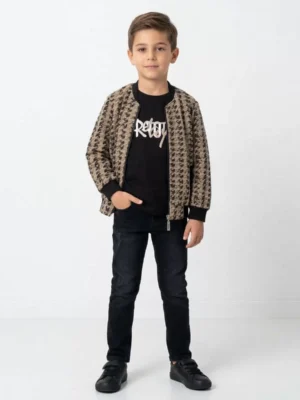 Erkek Çocuk Strong Baskılı -uzun Kol Tişört- Fermuarlı Hırkalı- Kot Pantolon Takım - Almira Bebek