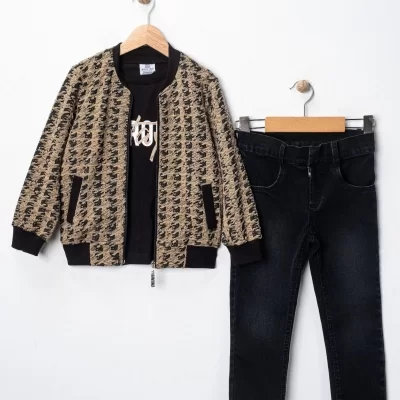 Erkek Çocuk Strong Baskılı -uzun Kol Tişört- Fermuarlı Hırkalı- Kot Pantolon Takım - 4. görsel