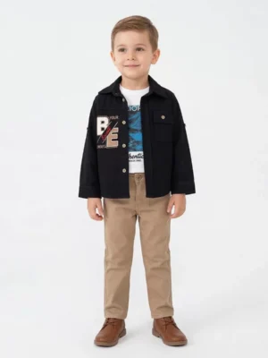 Erkek Çocuk Be Baskılı Gabardin Gömlek-adventure Yazılı Kısa Kol Tişört-kanvas Pantolonlu 3lü  Takım - Almira Bebek