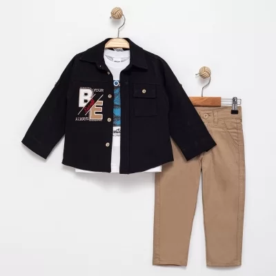 Erkek Çocuk Be Baskılı Gabardin Gömlek-adventure Yazılı Kısa Kol Tişört-kanvas Pantolonlu 3lü  Takım - 4. görsel