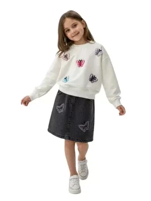 Kız Çocuk Kelebek İşlemeli -uzun Kol Sweat-kelebekli Kot Etekli 2li Takım - Almira Bebek